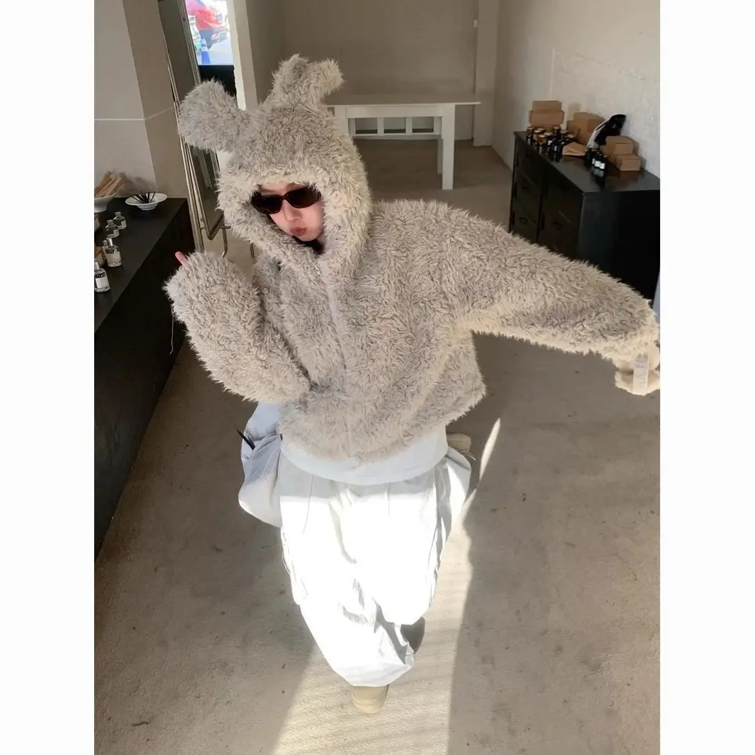 Retro Cute Rabbit Ear Imitation Fur Short Hooded Plush Jacket for Women in Winter Loose Thick Lazy Style