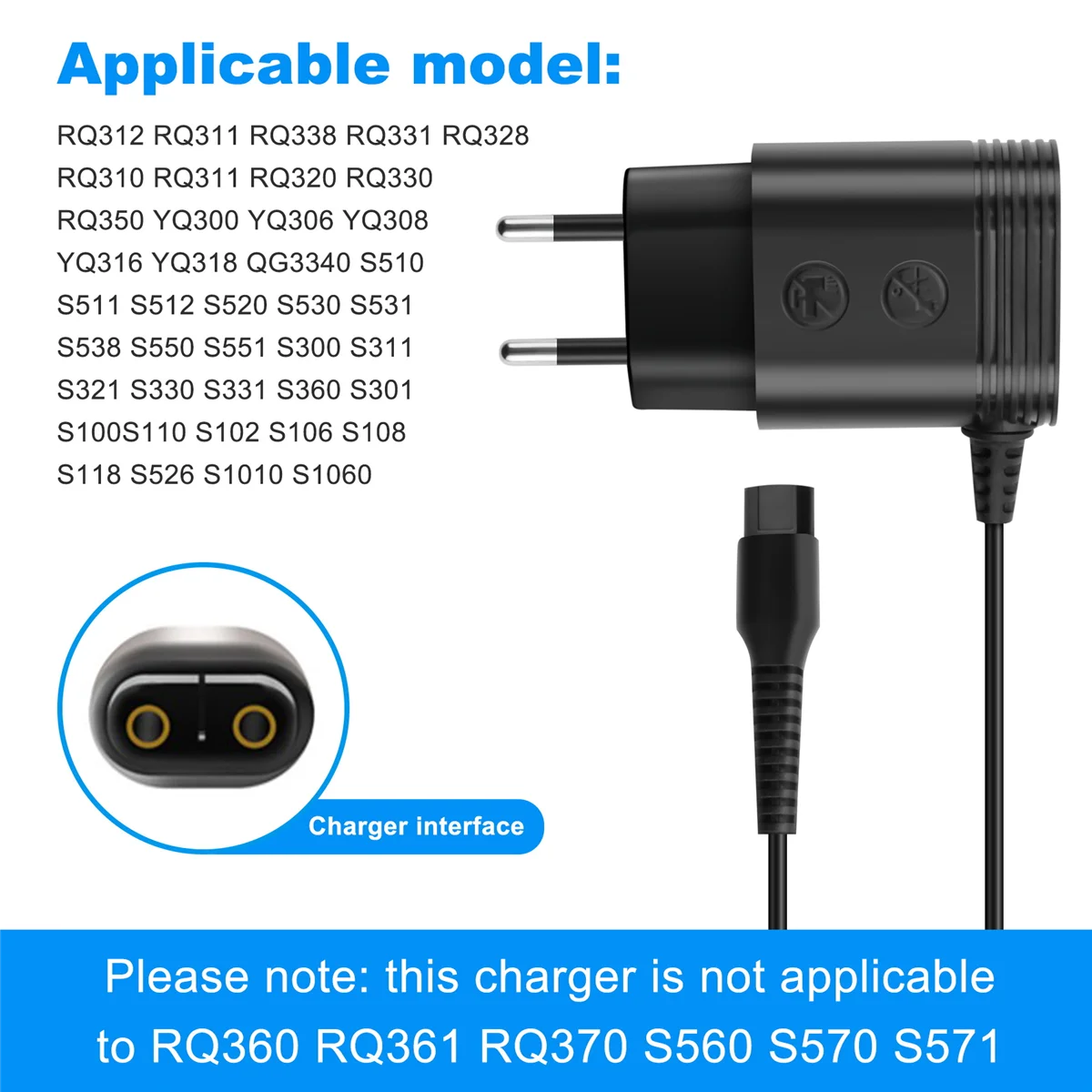 Suitable for Philips Norelco Shaver, A00390 Charger Power Cord Adapter EU Plug