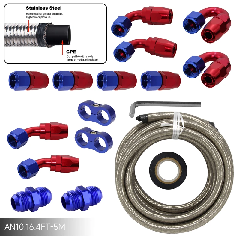 16.4FT 5M AN10 نايلون/فولاذ ستانلس ستيل مضفر غاز/زيت/خط الوقود + AN10 طقم تركيب نهاية خرطوم عالمي أسود/فضي