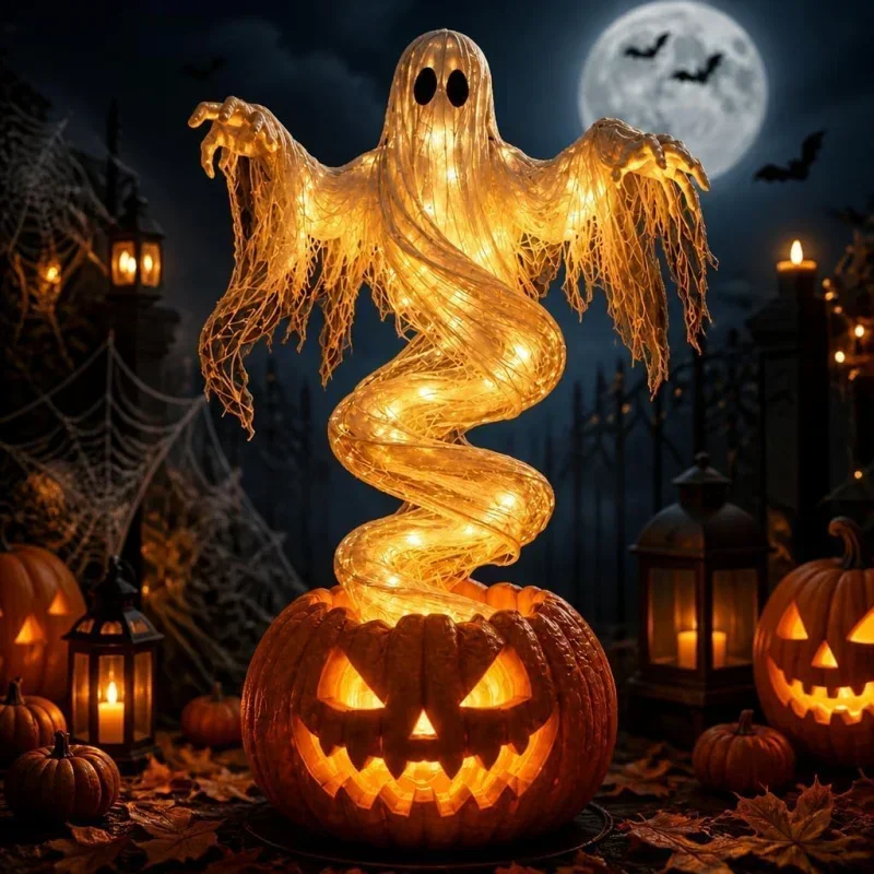 Halloween Swirling Ghost Pumpkin Light,Outdoor Yard Decor for Porch,Lighted Spooky Ghost Statue,LED Outdoor Porch Pathway Decor