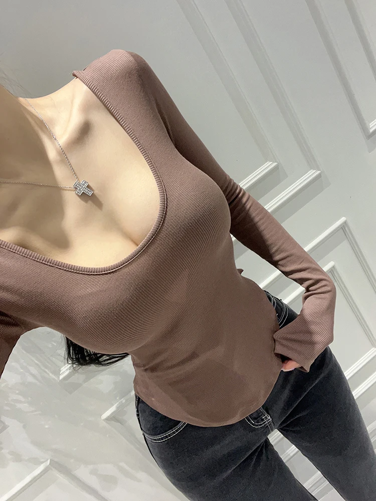 قميص داخلي نسائي مثير بأكمام قصيرة وتصميم غير منتظم للشابات، موضة الربيع من قماش المودال بياقة على شكل حرف U وأكمام طويلة #4