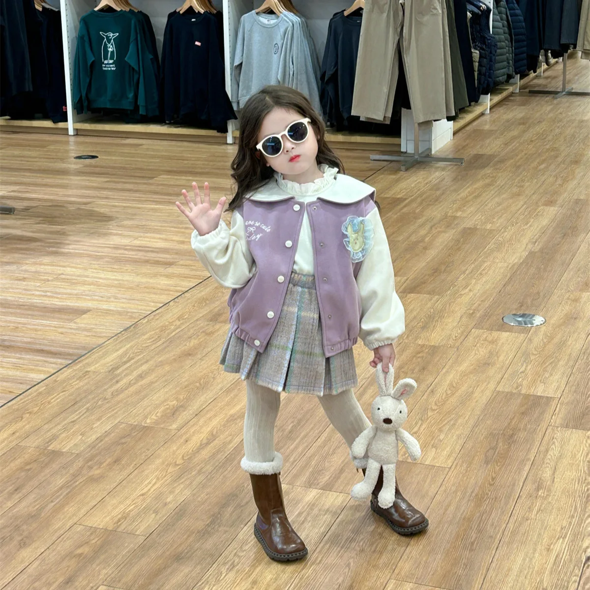 Girls Coat 2024 Winter New Childrens Clothing Korean Style Girl Baby Foreign Cartoon Plus Velvet Baseball Clothes Casual Simple