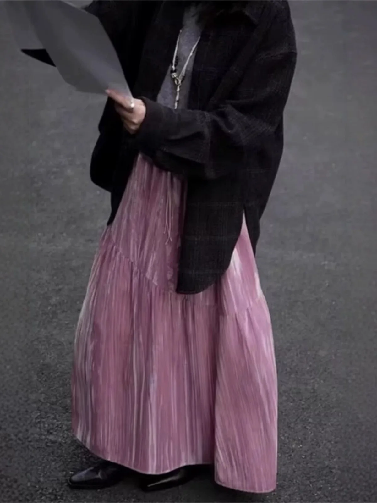 

Unique Creative High Waist Velvet f Skirt Women's Pink Long Skirt Autumn Winter New Sle Casual Pure Color A-Line Skirt