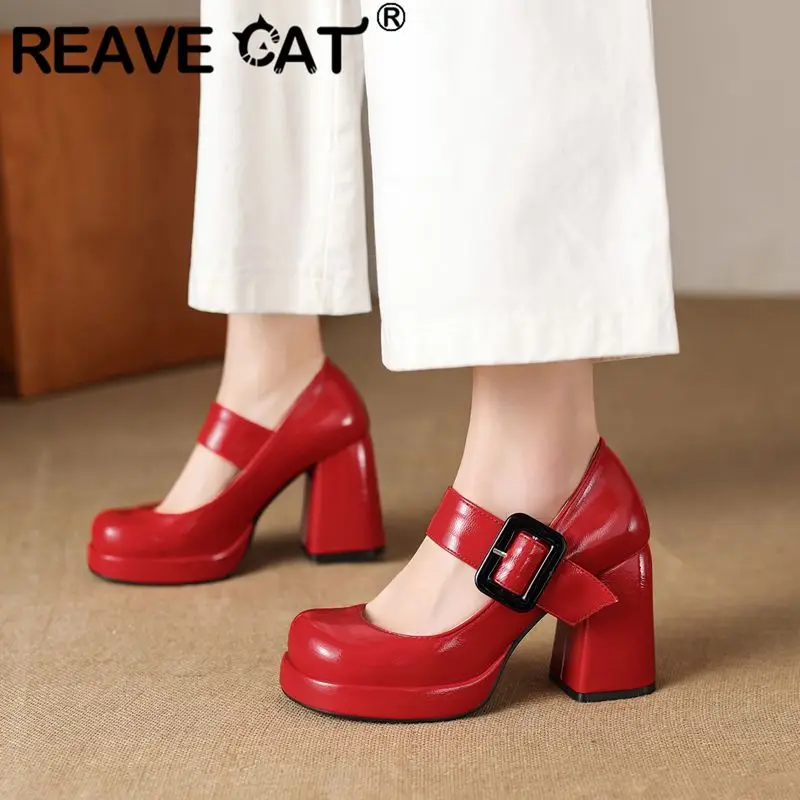 

Туфли-лодочки REAVE CAT черные женские с круглым носком, на массивном каблуке 9,5 см, на платформе, с ремешком на пряжке, большие размеры 43, 44, 45, для свиданий, в стиле Мэри Джейн