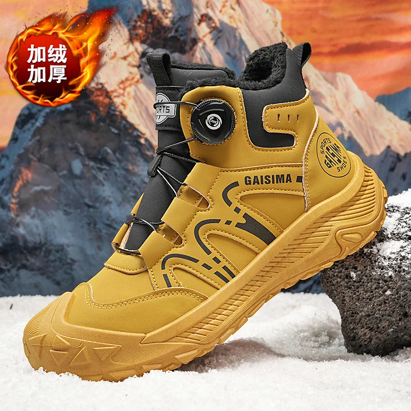 Men's shoes with cotton 2025 winter rotating button men's thick soled sports high top wheel workwear trendy boots