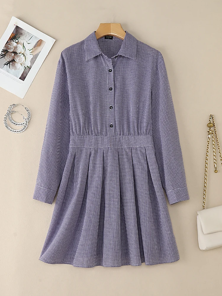 VONDA nueva moda vestido camisero a cuadros mujer otoño manga larga plisado Mini vestido veraniego 2025 elegante a cuadros Oficina Vestidos coreanos