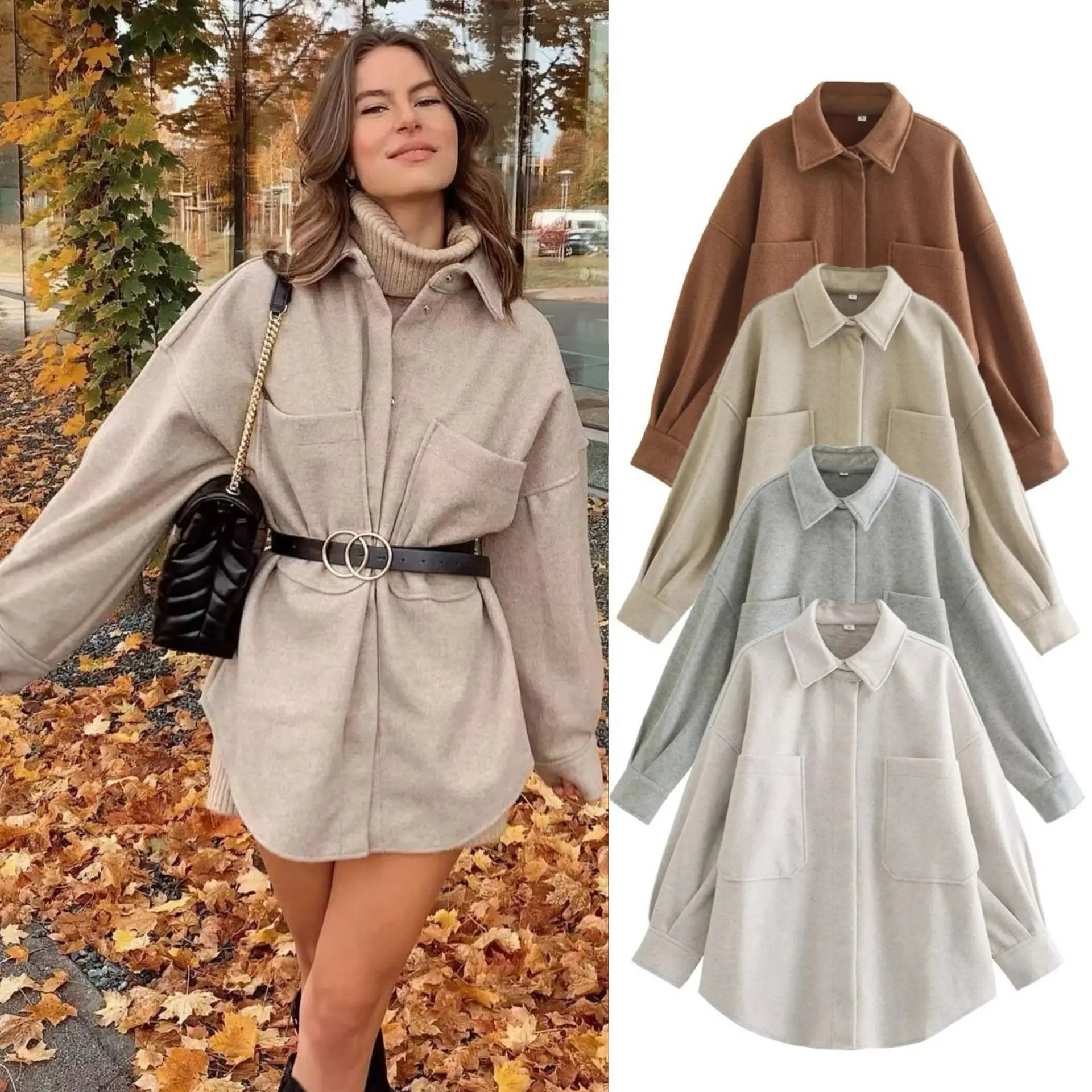 

YJKDYK Female's Autumn Woolen Jacket Solid Color Lapel Collar Snap-Front Coat For Female Street Fashion Casual Lady's Outwear