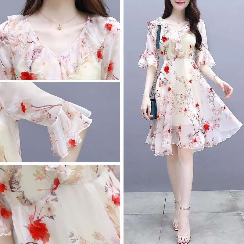 Women\'s New Fashion Ruffled Dress 2024 Summer Korean Fashion Slim Medium Long V-neck Chiffon Floral Dress Female A Word Skirt