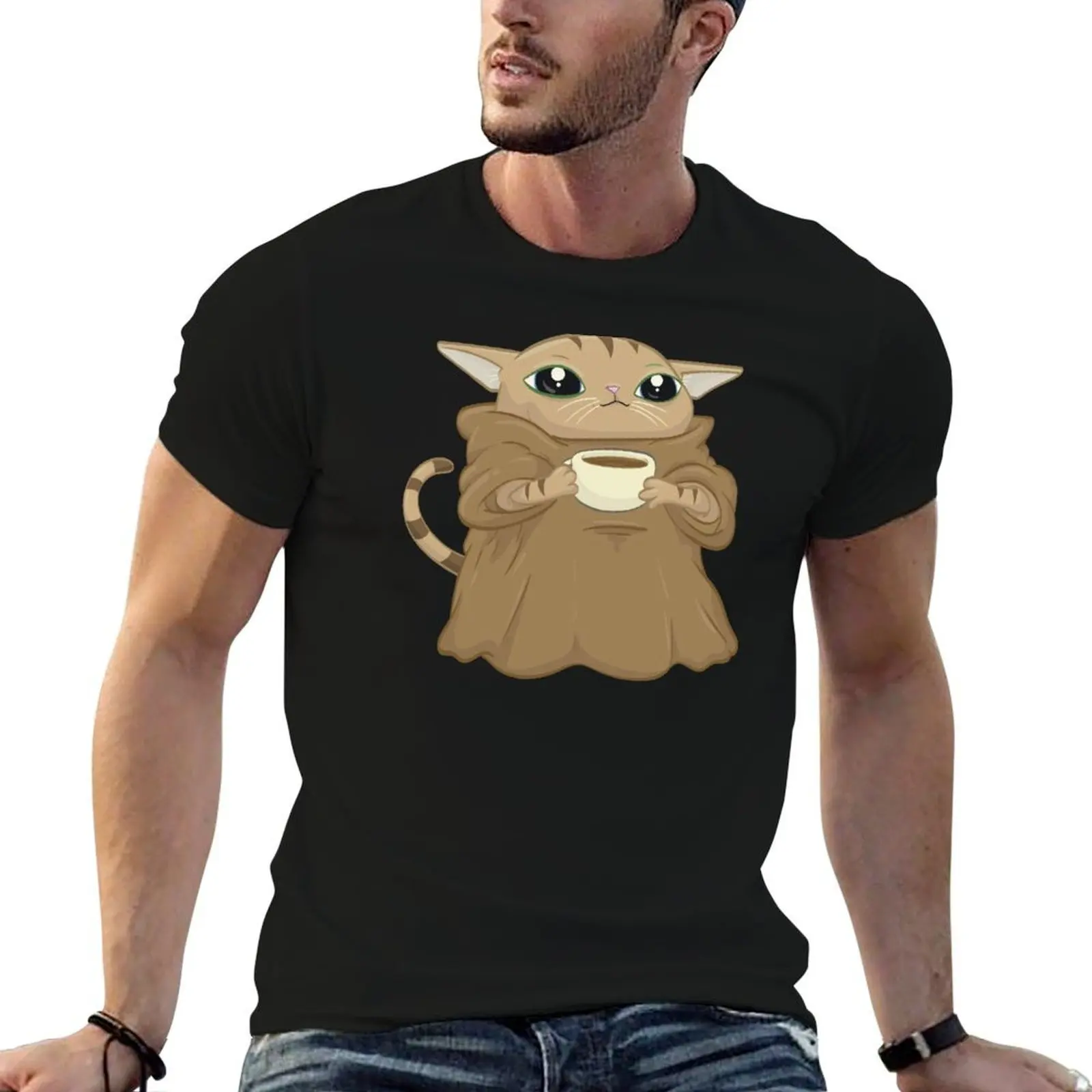 

Kitten Drinking Coffee T-Shirt t shirts with prints anime t shirts oversize T-Shirt