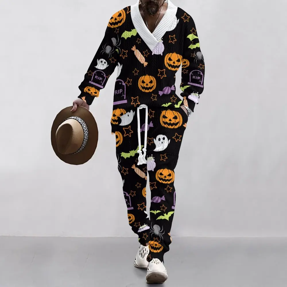 2024 Spring and fall new trend Halloween printed men's casual pants V-neck jacquard knit two-piece spring and autumn suit