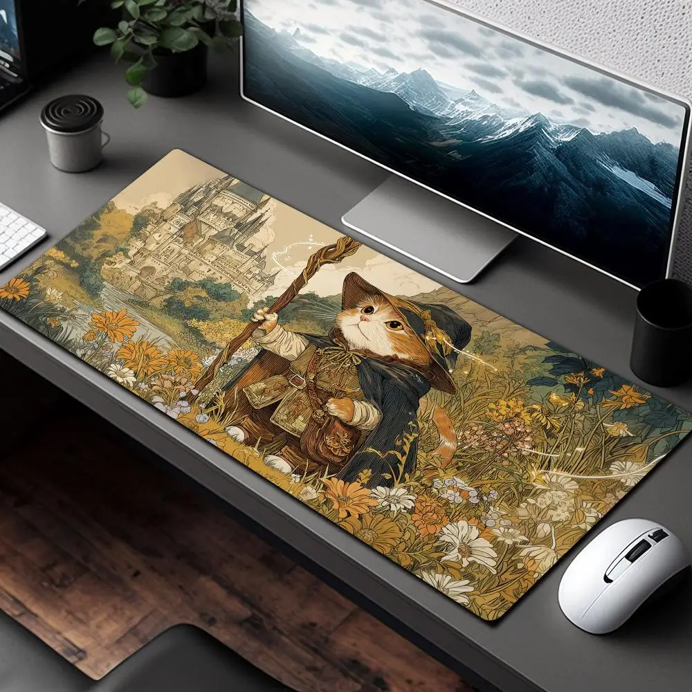 Assistente gato e castelo padrão design grande mouse pad tapete de mesa costurado borda antiderrapante durável gaming pad tapete de escritório mtg playmat