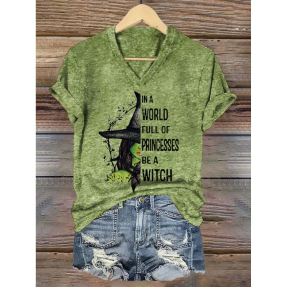 Fashion Witch Print Tshirt V-Neck Short Sleeves Green Women\'s Tshirts Summer Casual Oversize Clothing 2024 Halloween New Clothes