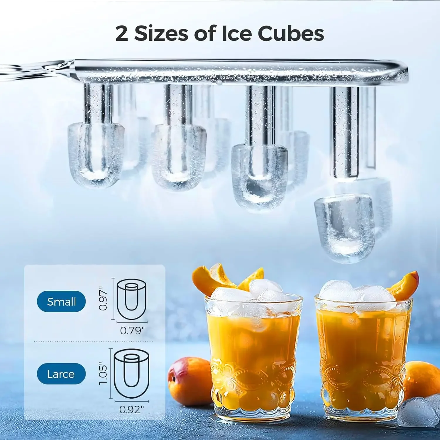 Encimera para hacer hielo con capacidad eficiente, máquina para hacer hielo, 8 cubos de hielo de 2 tamaños, 26 libras/24 horas