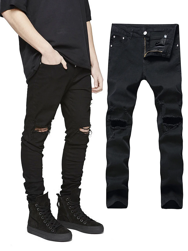 

Kanye West High Street Knee-Hole Slim Fit Men's Jeans Trendy Bla Cotton Stretch Denim mid Waist Zipper Closure Youthful