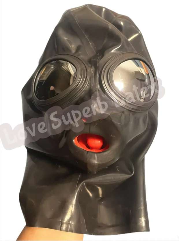 Vollständige Abdeckung der Latexmaske mit Augenglas, 15 cm langem Nasenschlauch und roten Zähnen, sexy Latex-Gummi-Maske, Augenglas-Gegenlichtblende