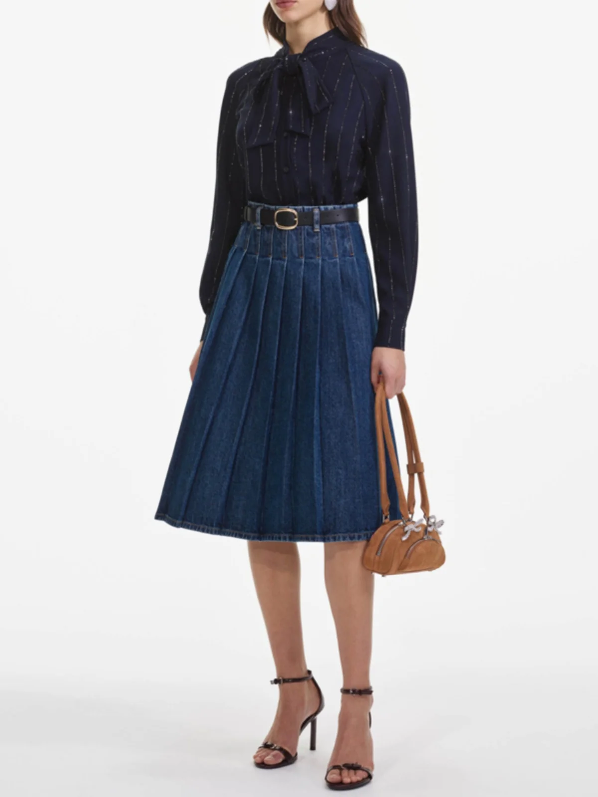 Elegant Women's Heavy Embellished Waist Belt Denim Pleated  Skirt College Style Commute Simple High Waist Polyester Fiber
