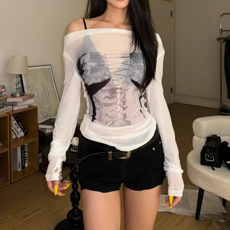 Aesthetic Sexy Mesh Top Women Long sleeve T-shirt Summer Fairy Grunge Clothes Transparent Printing Streetwear Y2k Off Shoul Tops