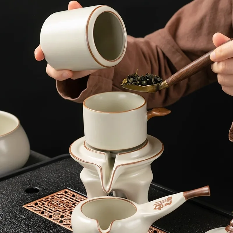 Huang Ru Kiln Lazy Automatic Household Pot Stone Mill Ceramic Brewing Artifact Kung Fu Tea Cup Set