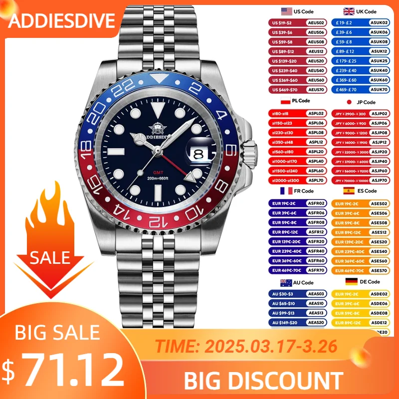 ADDIESDIVE Hot Sale AD2050 GMT Quartz Watch For Men Stainless Steel Super Luminous 200M Waterproof   Diving Watches Reloj Hombre