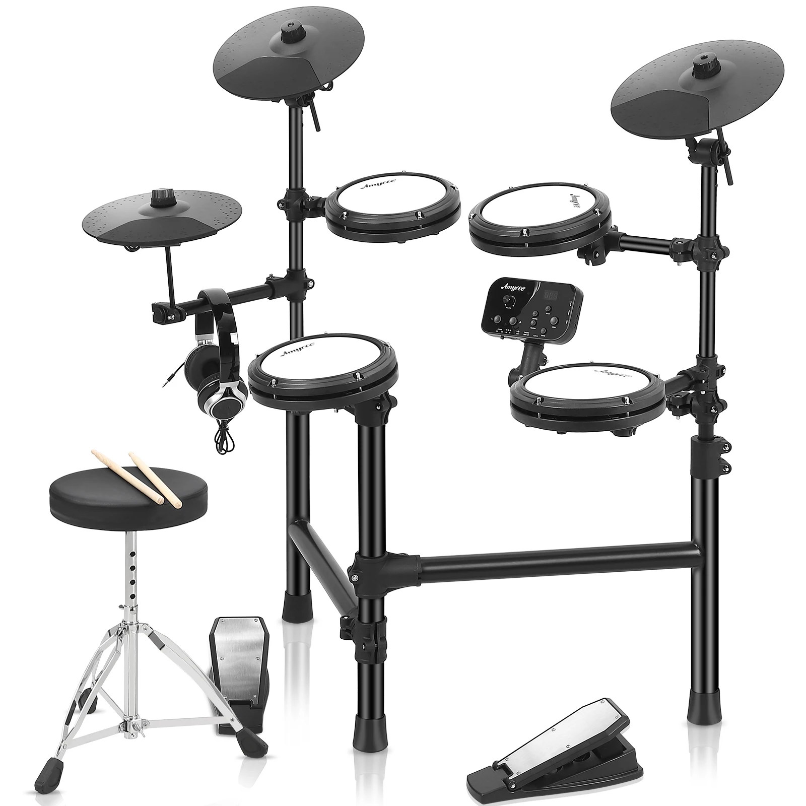 Electric Drum Set, 7 Piece Electric Drum Kit with 4 Quiet Mesh Pads and 3 Cymbals, Professional Drum Set for Beginners with 150 Sounds, Drum Throne, Drumsticks and On-Ear Headphones Included