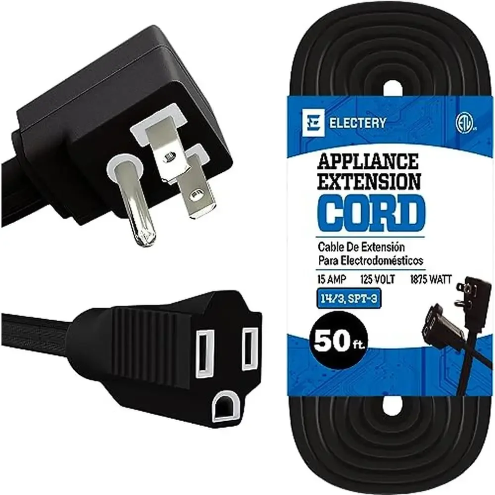 50FT Heavy Duty Extension Cord 14 AWG 3 Prong Grounded Flat Plug Black Power Wire Indoor Air Conditioner Major Appliances