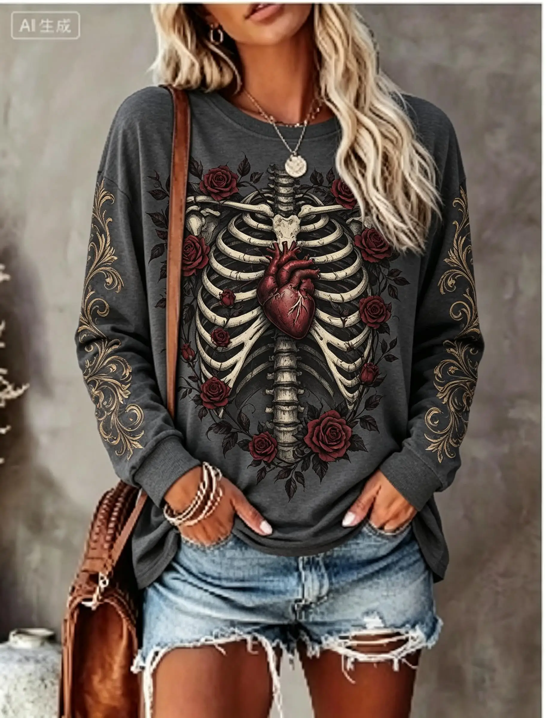Women Halloween Long Sleeve T‑Shirt Skeleton Ribcage Purple Heart Rose Gothic Print Crew Neck Tops image 4
