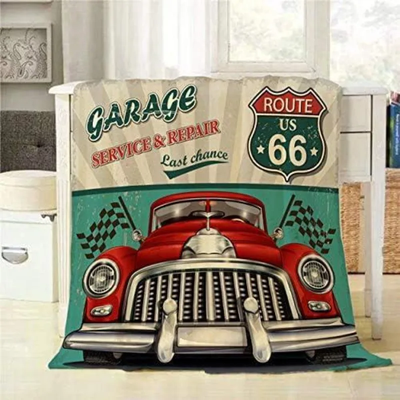 Retro Route 66-Digitaldruck aus Polyester für Schlafzimmer, Samt-Flanell, weiche Sofabezugdecke, weiche Fleece-Sofabezugdecken für Betten