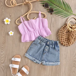 2 3 4 5 6 Years Girls Clothing Sets Summer Camisole Top + Denim Shorts Little Princess Baby Suits Birthday Party Kids Clothes