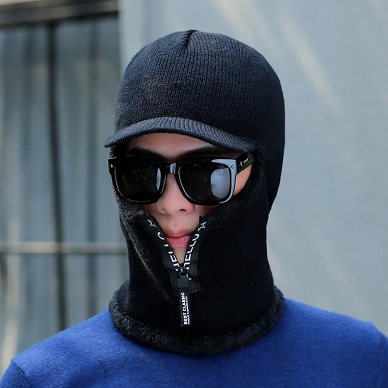 Men Knitted Hats Winter Zipper Thickened Plush One Piece Hat Collar Set Cap Outdoor Cycling Neck Protection For Male