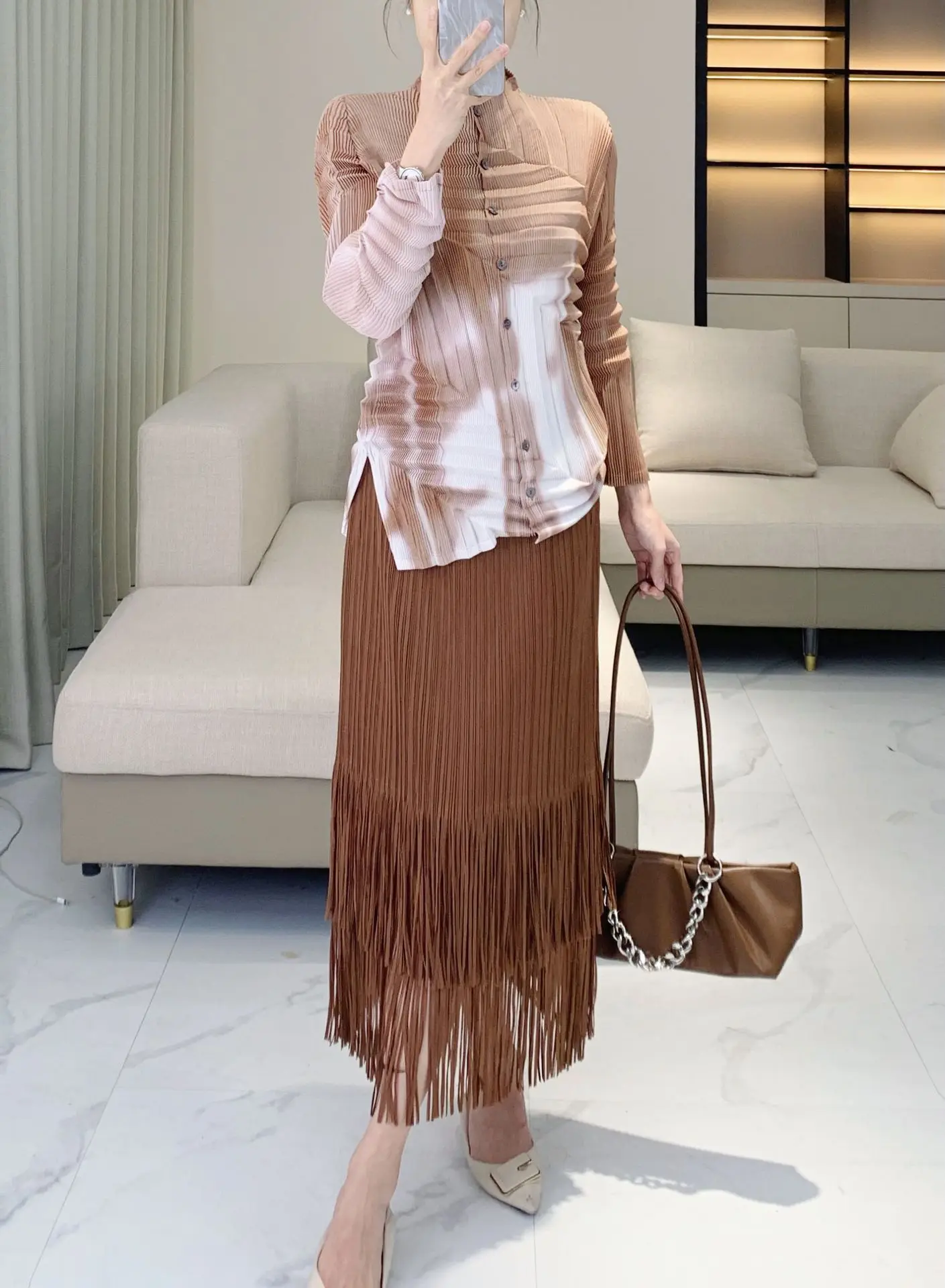 

Miyake fashion Premium pleated tree ring tie-dye women's structured ruffle chic comfortable slim-fit shirt HOT SELING