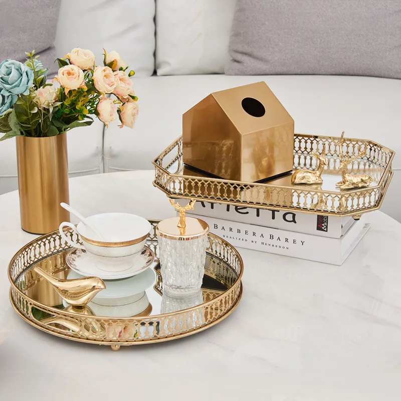 

European-Style Golden Wrought Iron Glass Mirror Decoration Storage Tray Metal Round Cake Snack Tray Light Luxury Ornaments