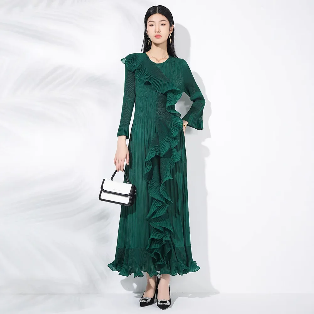 Miyake Pleated High-end Fashion Fungus Edge Long Dress Women's 2025 Spring New Round Neck Pullover Horn Sleeve Dense Edge Dress