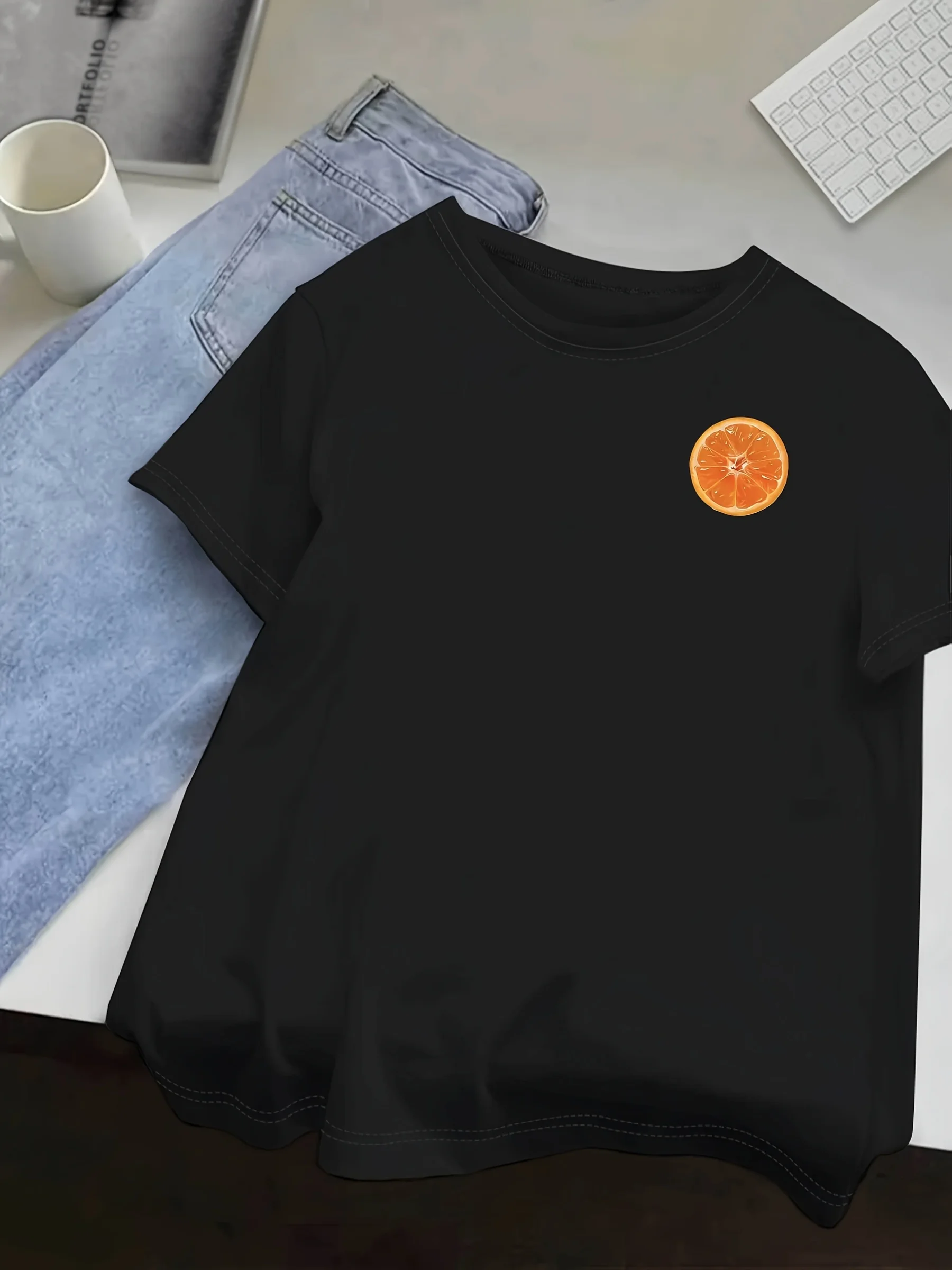 Women'S Casual Short Sleeve Chest Bright Orange Fruit Print Crew Neck Multiple Colors Harajuku Sleeve Casual Aesthetic Clothes