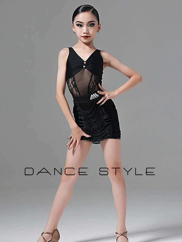 Nouveaux enfants sangle haut gland jupe noir tenues latines Samba Chacha Rumba robe danse latine Performance porter pour les filles DQS20277