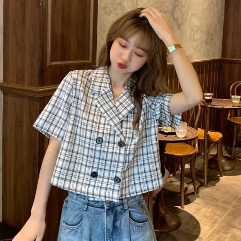 Blazer scozzesi Donna Stile retrò coreano Estate Manica corta Doppio petto Allentato Accogliente Crop All-match Chic Elegante Office Lady