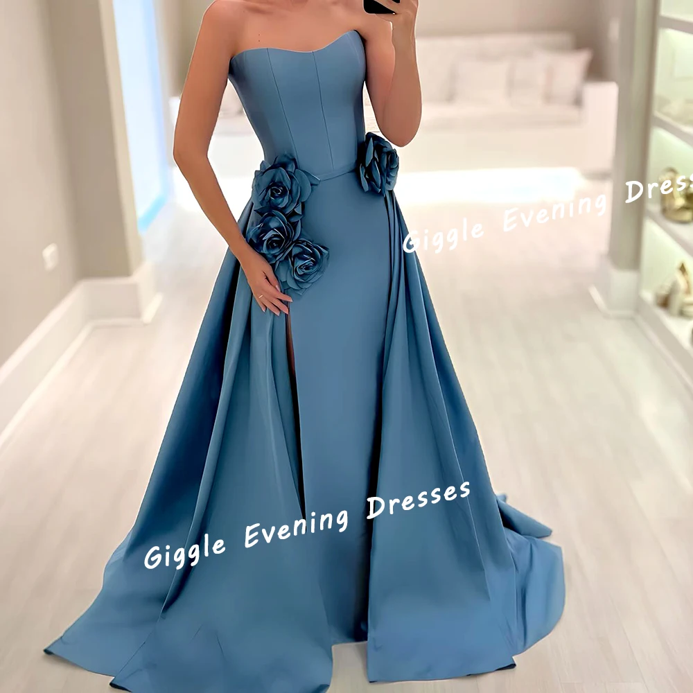 Giggle Satin Strapless Flowers A-Line Customized  Prom Gown Saudi Arab Summer Floor-Length Evening Party Dresses for Women 2024