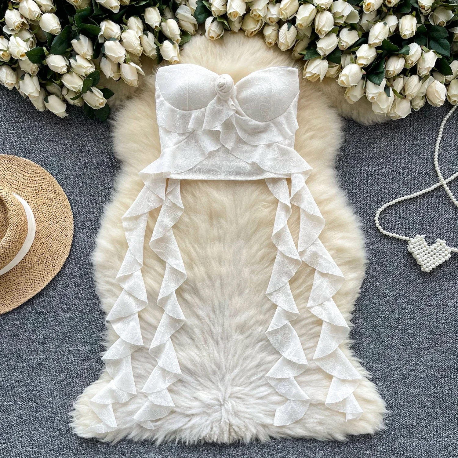 Chic Sweet ruffle Three-dimensional Flower tube top korean fashion Camis Crop Top Vacation Tank Tops Summer Women