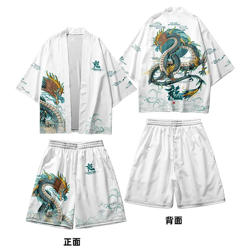 Yukata Suit Harajuku Print Kimono Shorts Sets Summer Two-Piece Suit Japanese Anime Dragon Cardigan Women Men Cosplay Haori