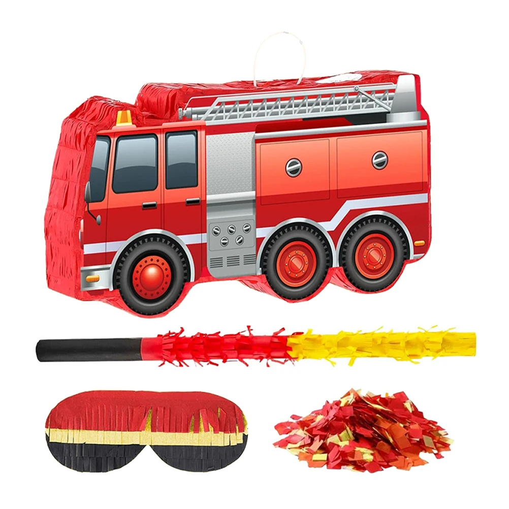 

1 Set Fire Truck Pinata For Kids Birthday With Stick Confetti Blindfold Firefighter Theme Party Supplies Hanging Decoration Fire