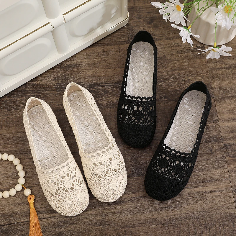 Spring Summer New Sle Women's Flat Lace Cloth Net Slip-On Anti-Slip Soft Bot Old Beijing Cloth oes Middle-Aged Mom oes