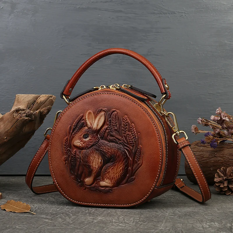 New rabbit embossed handbag leather women\'s handbag ethnic style small round head leather Single Shoulder Messenger Bag