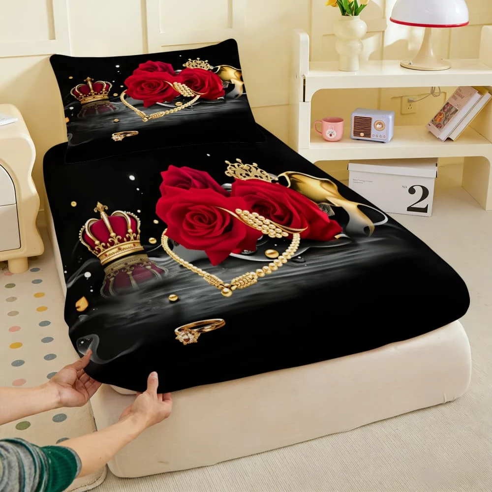 1pc Luxury Red Rose & Crown Print Fitted Sheet Deep Pocket Elastic Mattress Cover Single Double Queen King Bedroom Decor
