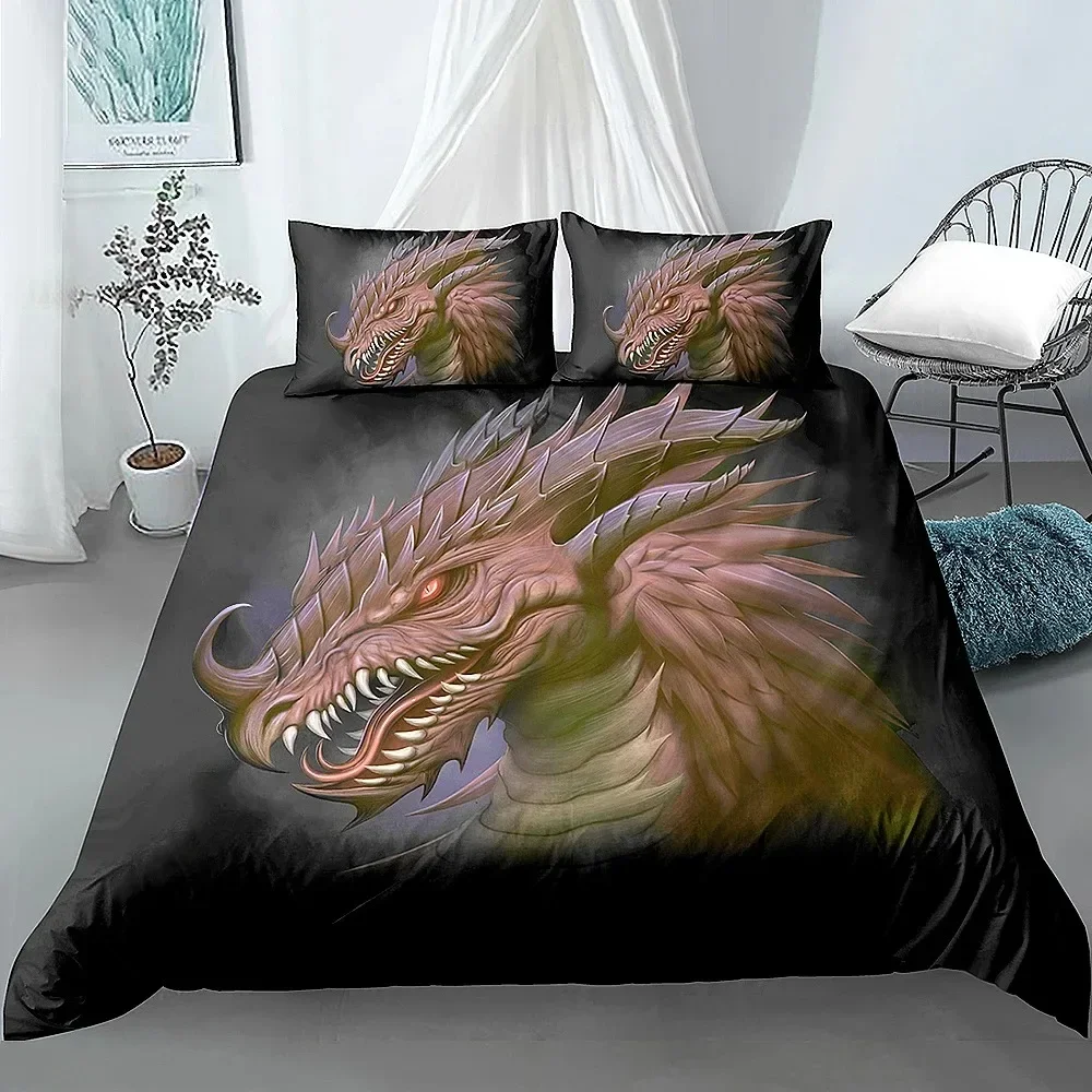 Dragon Head Duvet Cover Set 3D Print Grey Colour Comforter Cover King Queen Size for Kids Boys Girls Teen Polyester Bedding Set