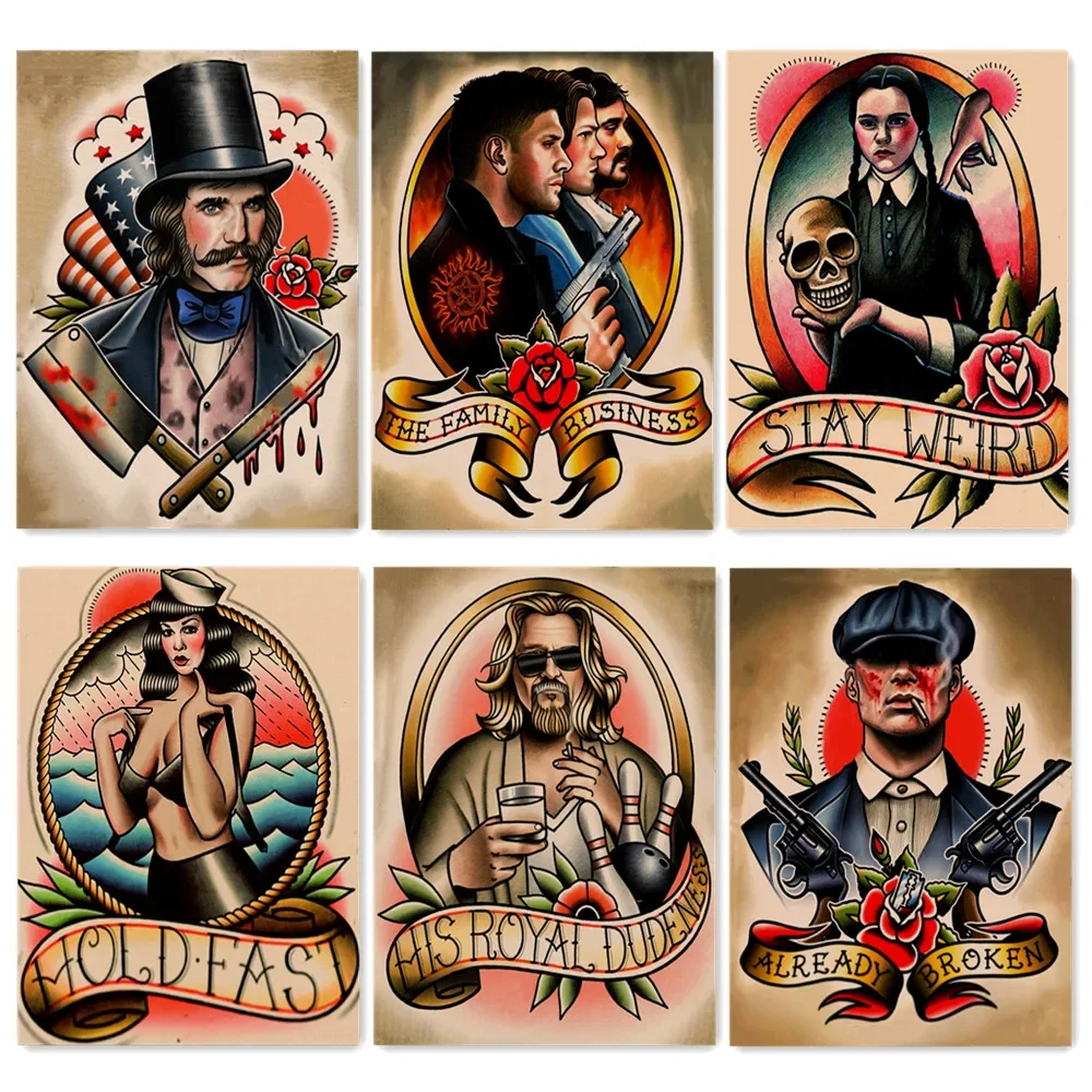 Vintage Tattoos Design Picture Movie Posters and Prints Retro Kraft Paper Sticker Tattoo Studio Barber Shop Home Decor Painting