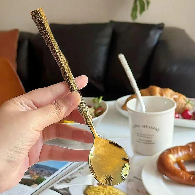 Cuchara de acero inoxidable, cuchara de sopa antideslizante con mango largo, creativa, dorada y plateada, vajilla de estilo coreano, 1 ud.