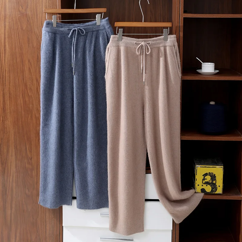 MVLYFLRT Men's 100% Mink Cashmere Thick Wide Leg Pants Comfortable Fit Knitted Luxury Winter Trousers D188