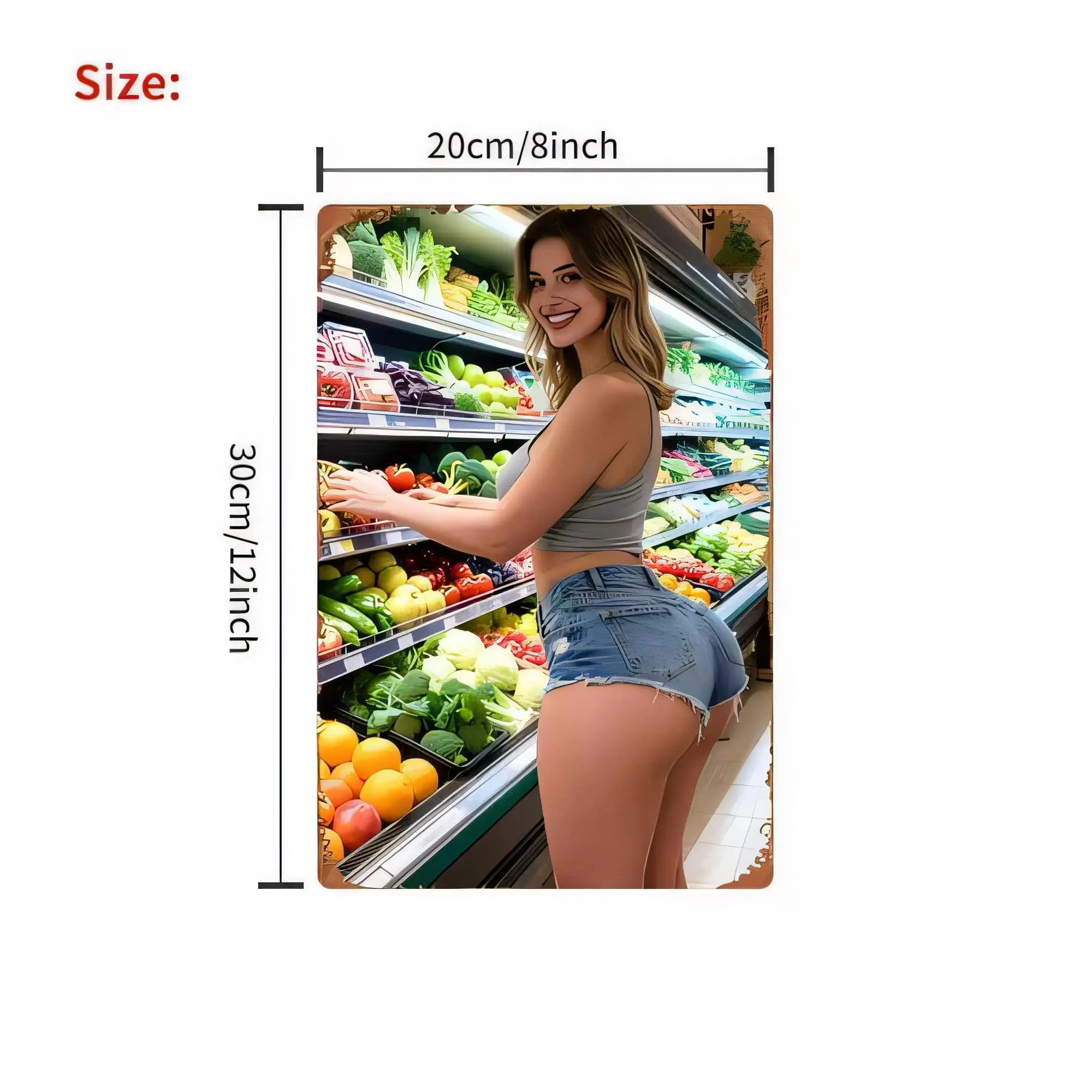 Tin Sign Sexy Girl In Grocery Store Holding Fresh Vegetables Retro Metal Wall Art   Vintage Farm Market Tin Plaque for Kitchen B