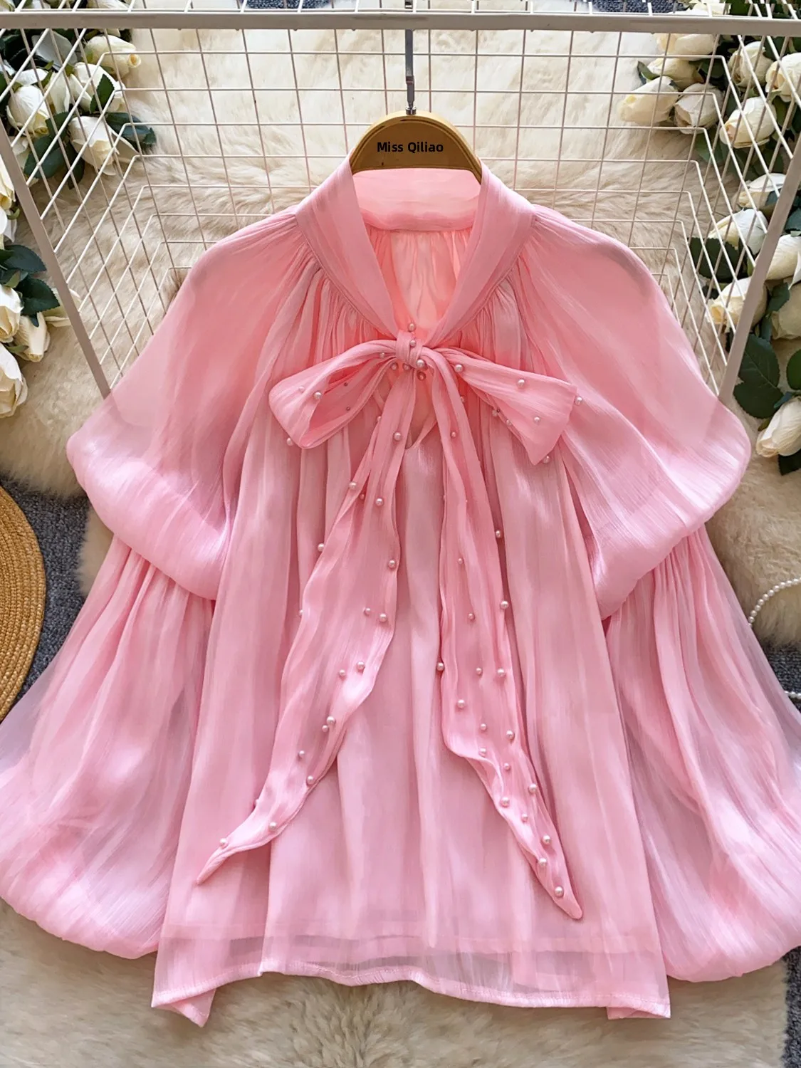 

Sweet Sle Knot Long Sve Loose Women's irt with Lace Hemline Breathable Polyester Fiber Casual Commute Wear