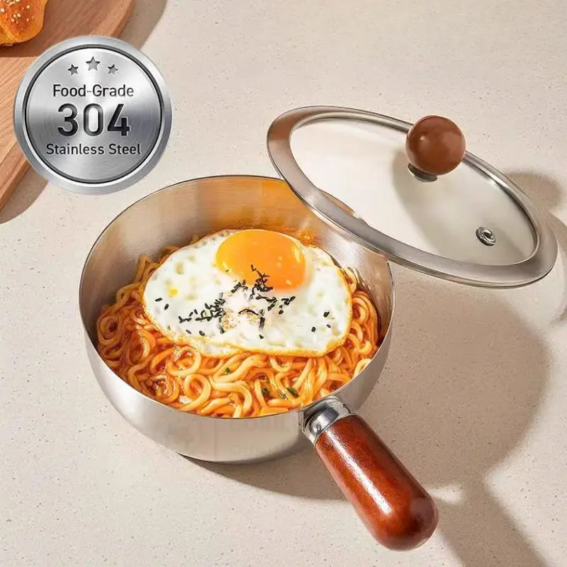 17cm/14cm Stainless Steel Cooking Pans With Wooden Handle & Glass Lid - Multi-Purpose Small Pots For Noodles And Eggs