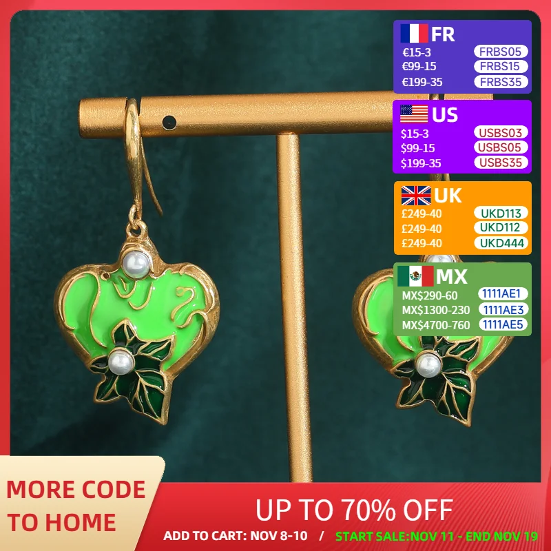 

Gold Color Green Heart Earrings Dangling Dripping Oil Leaves Hook Drop For Women Ancient Vintage Jewelry Accessories 2025